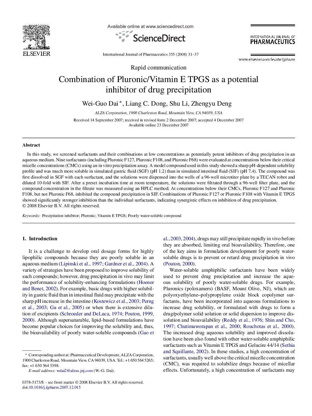 Combination of Pluronic/Vitamin E TPGS as a potential inhibitor of drug precipitation