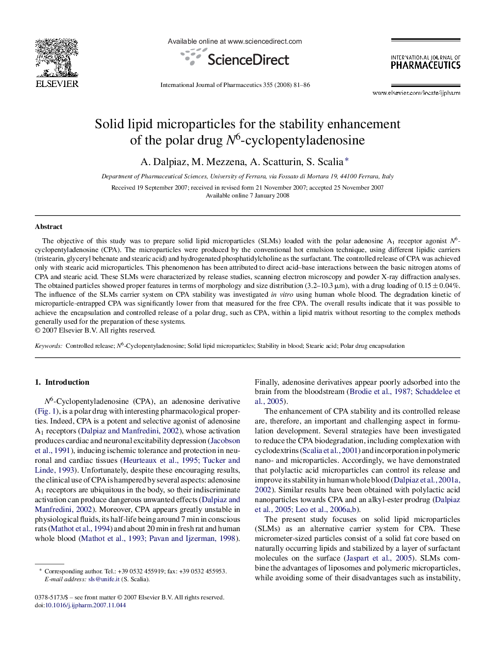 Solid lipid microparticles for the stability enhancement of the polar drug N6-cyclopentyladenosine