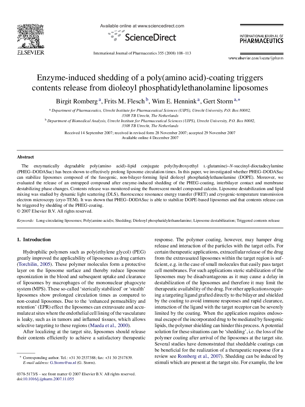 Enzyme-induced shedding of a poly(amino acid)-coating triggers contents release from dioleoyl phosphatidylethanolamine liposomes