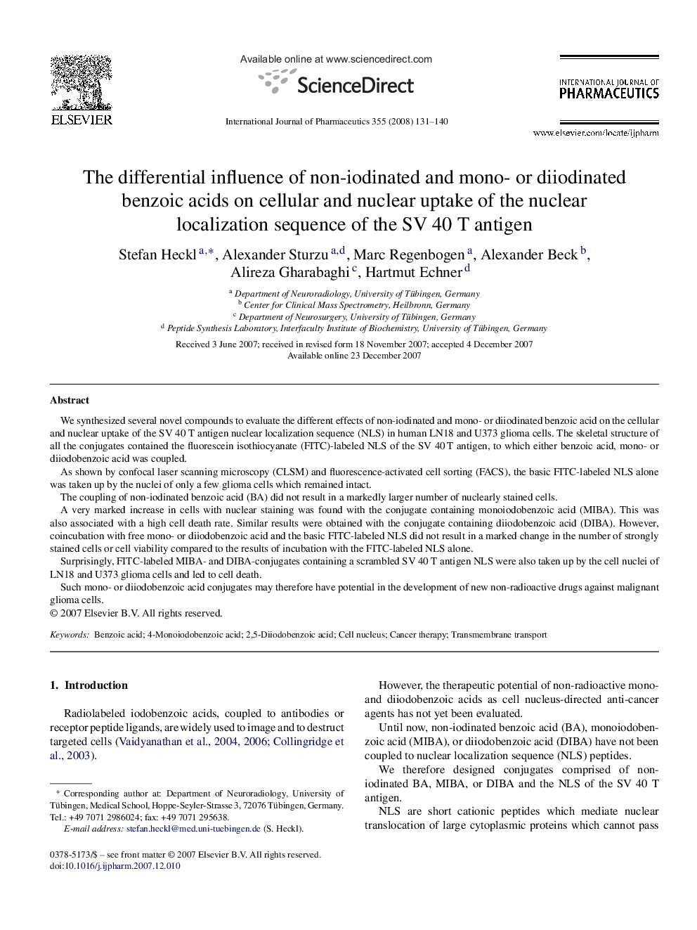 The differential influence of non-iodinated and mono- or diiodinated benzoic acids on cellular and nuclear uptake of the nuclear localization sequence of the SV 40 T antigen