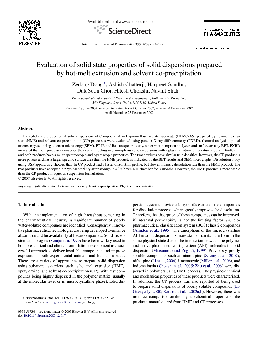 Evaluation of solid state properties of solid dispersions prepared by hot-melt extrusion and solvent co-precipitation