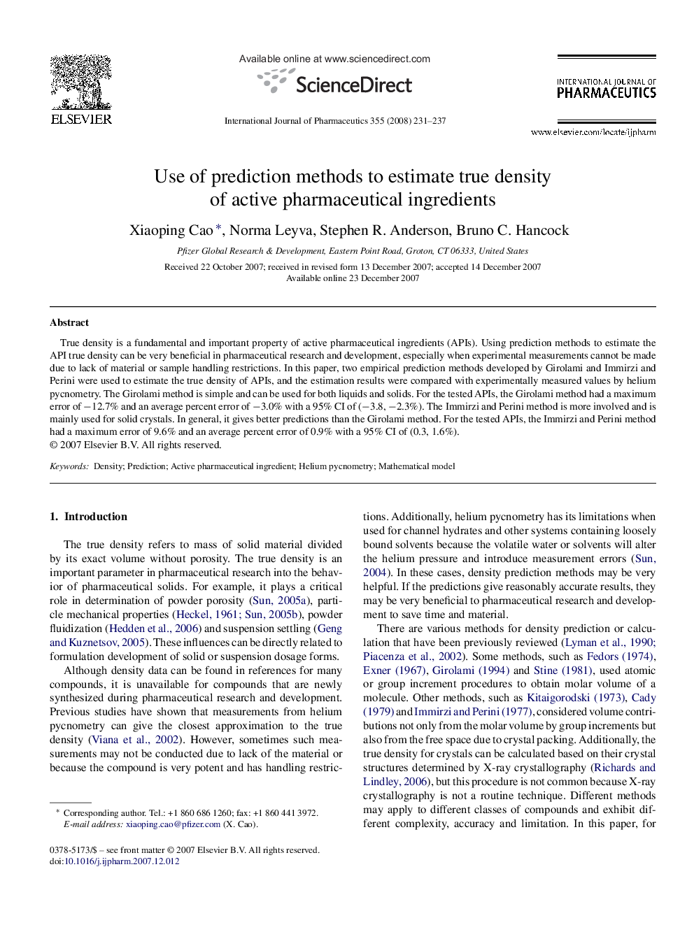 Use of prediction methods to estimate true density of active pharmaceutical ingredients