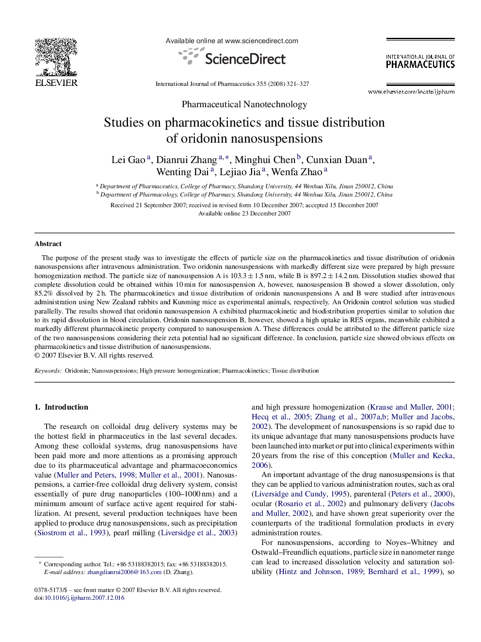 Studies on pharmacokinetics and tissue distribution of oridonin nanosuspensions