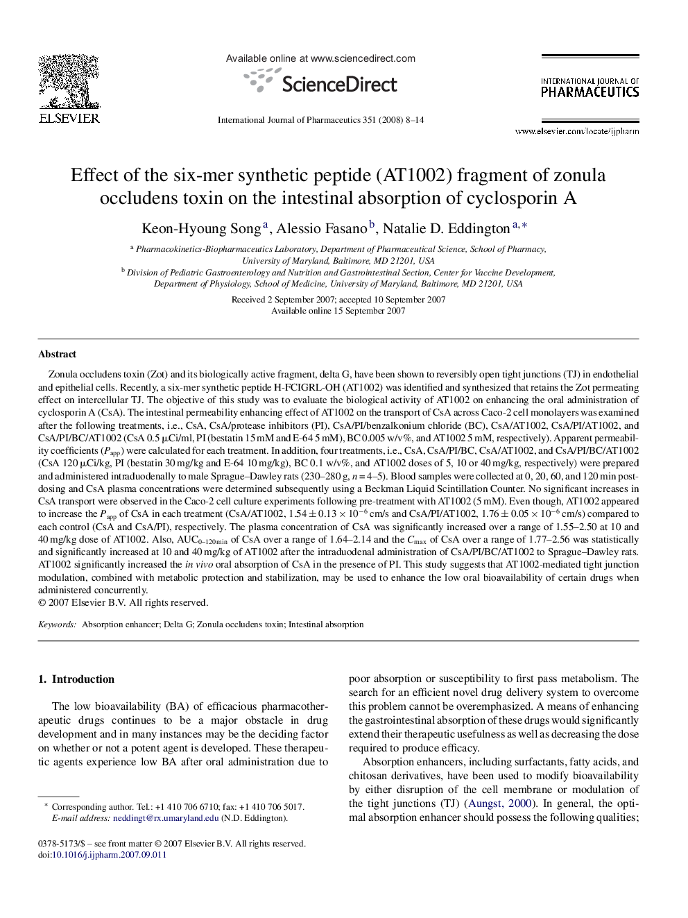 Effect of the six-mer synthetic peptide (AT1002) fragment of zonula occludens toxin on the intestinal absorption of cyclosporin A