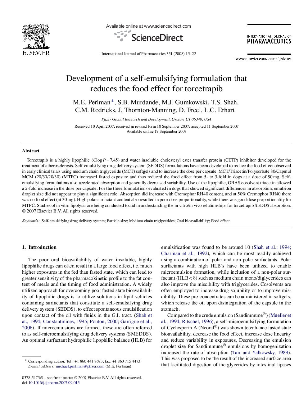 Development of a self-emulsifying formulation that reduces the food effect for torcetrapib