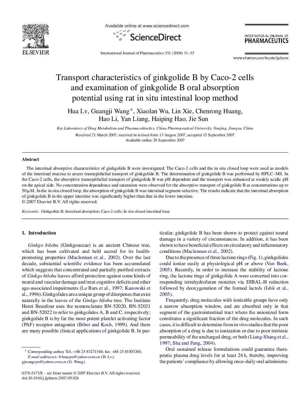 Transport characteristics of ginkgolide B by Caco-2 cells and examination of ginkgolide B oral absorption potential using rat in situ intestinal loop method