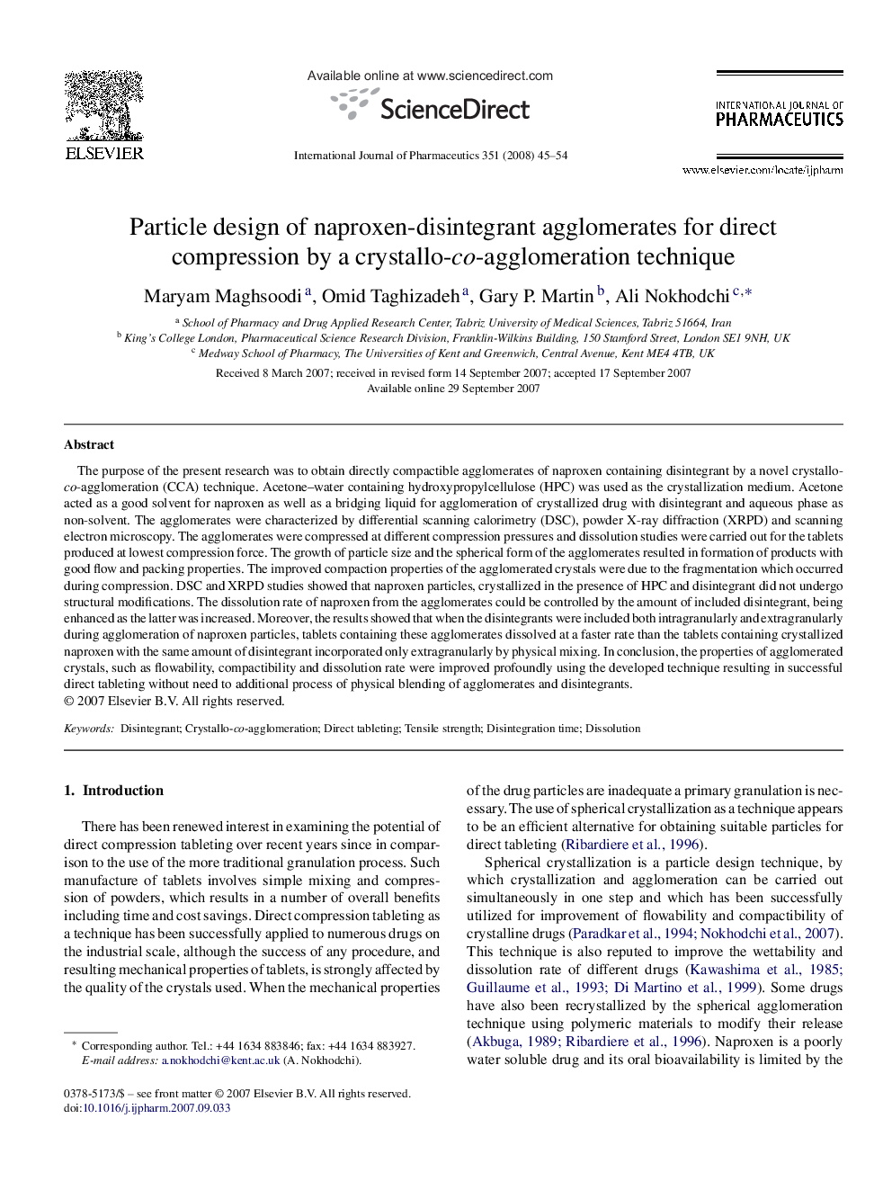 Particle design of naproxen-disintegrant agglomerates for direct compression by a crystallo-co-agglomeration technique