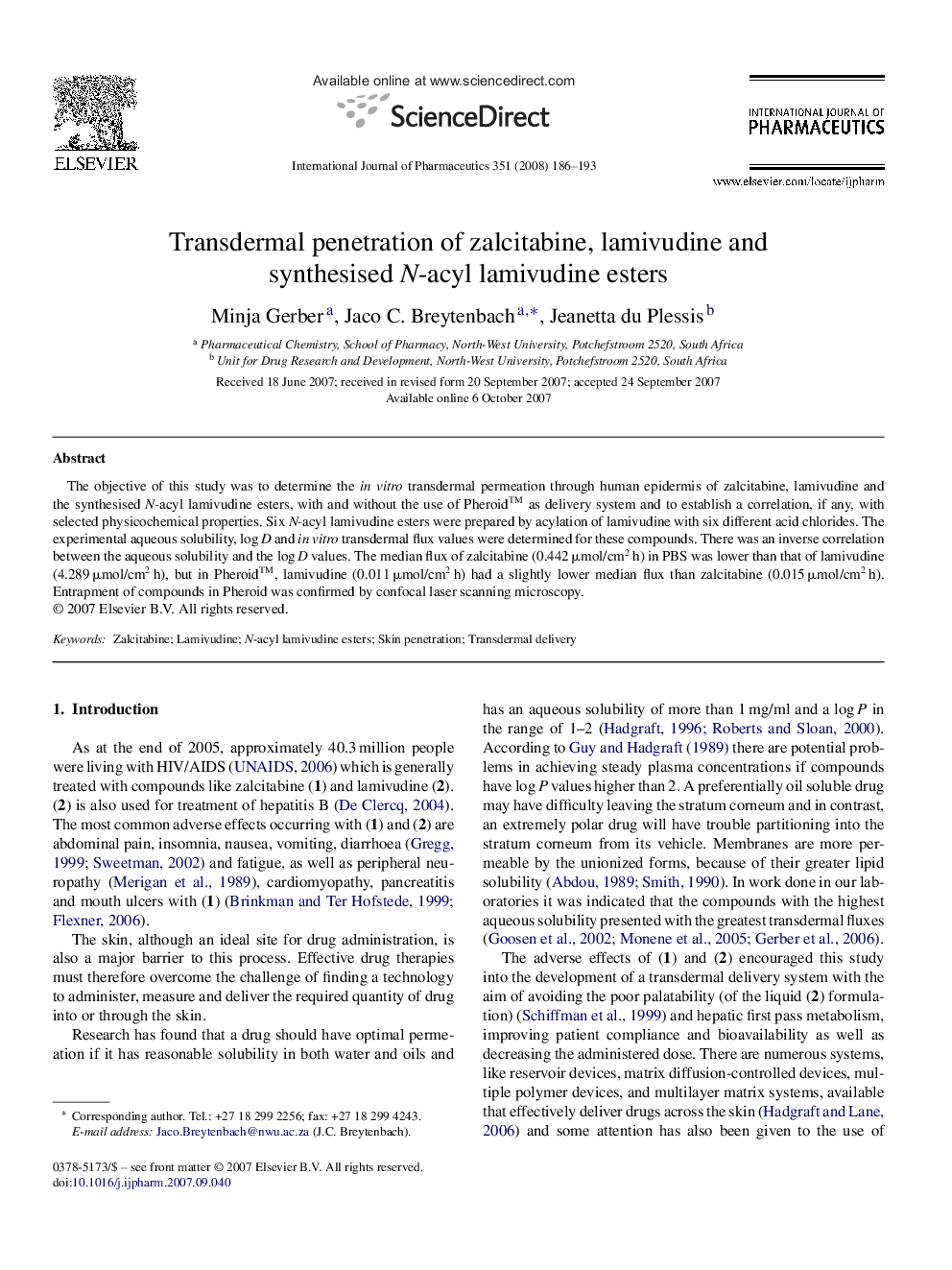 Transdermal penetration of zalcitabine, lamivudine and synthesised N-acyl lamivudine esters
