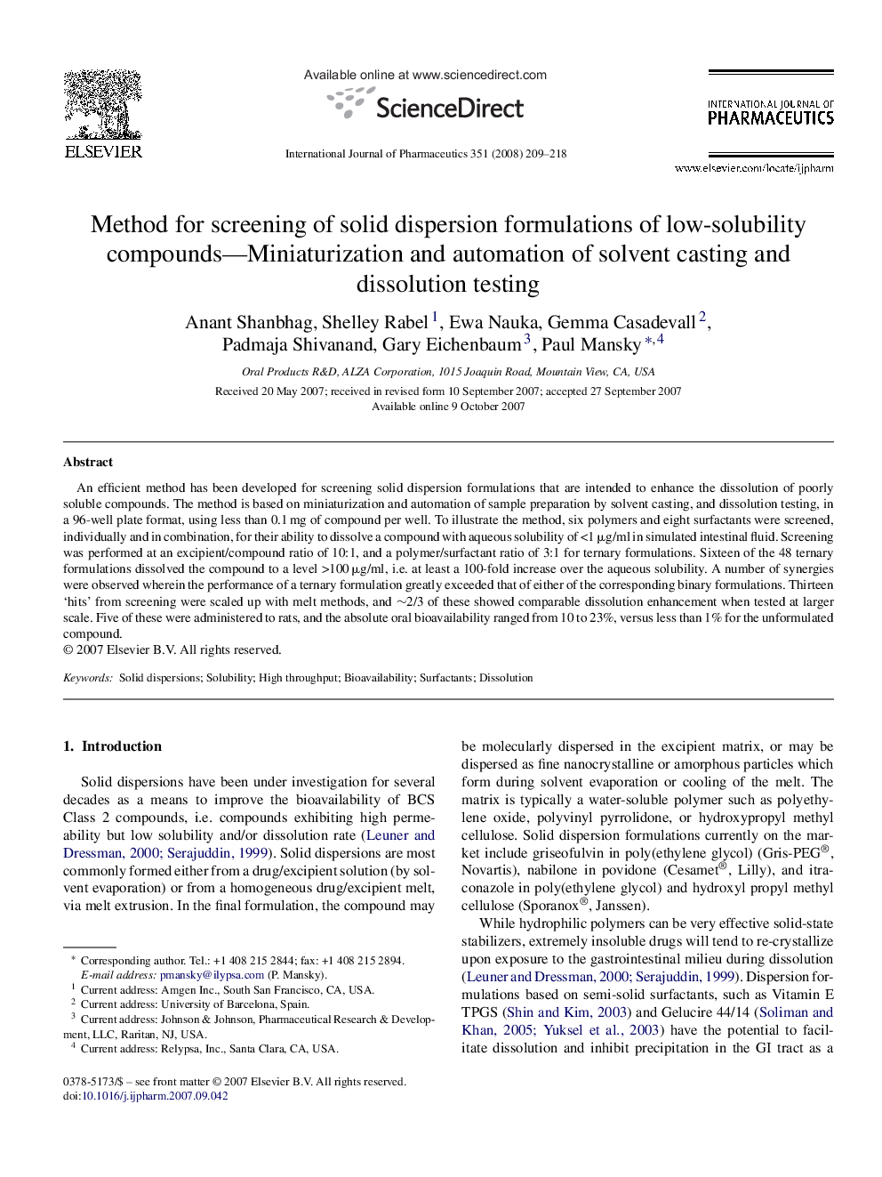 Method for screening of solid dispersion formulations of low-solubility compounds—Miniaturization and automation of solvent casting and dissolution testing