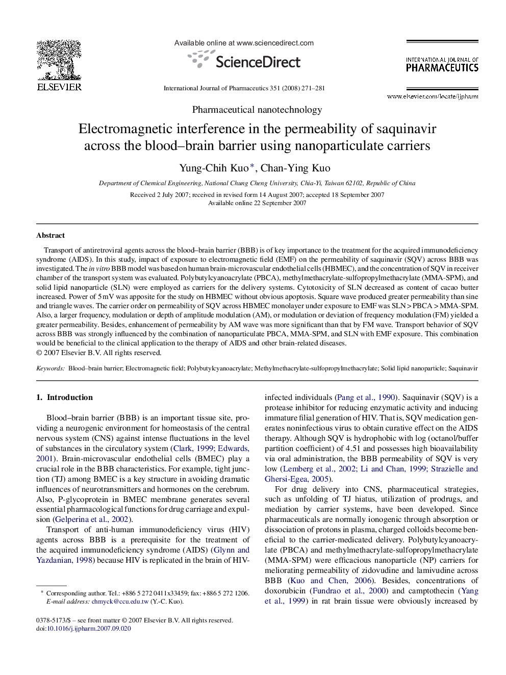 Electromagnetic interference in the permeability of saquinavir across the blood–brain barrier using nanoparticulate carriers