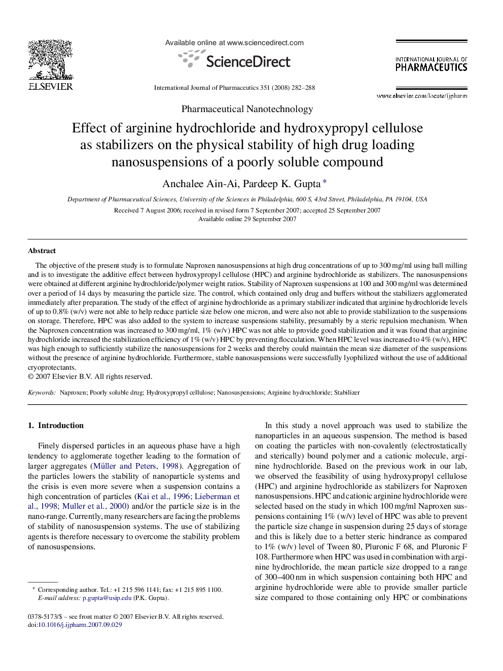 Effect of arginine hydrochloride and hydroxypropyl cellulose as stabilizers on the physical stability of high drug loading nanosuspensions of a poorly soluble compound