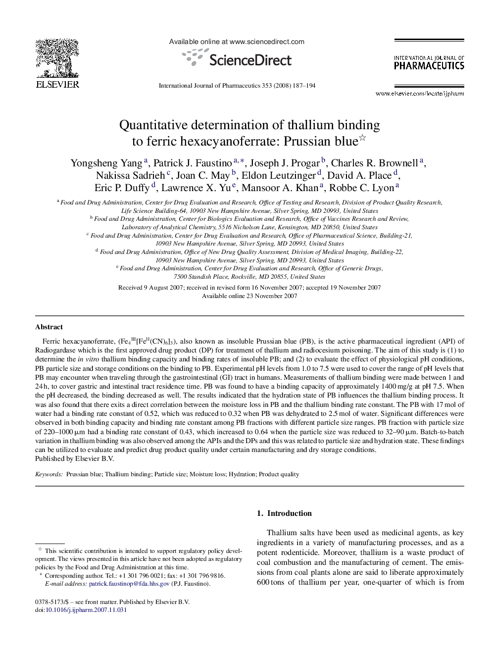 Quantitative determination of thallium binding to ferric hexacyanoferrate: Prussian blue 