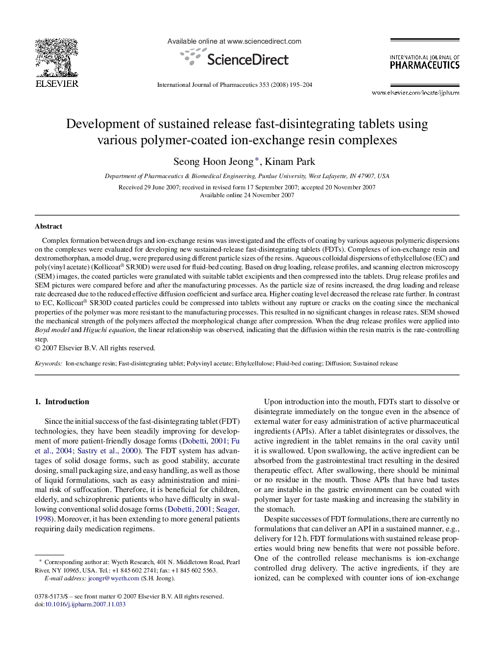 Development of sustained release fast-disintegrating tablets using various polymer-coated ion-exchange resin complexes