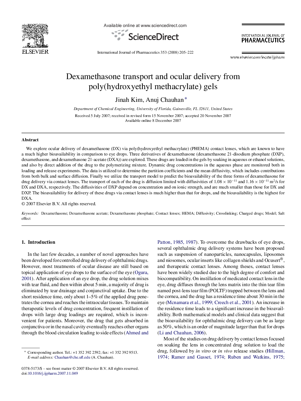 Dexamethasone transport and ocular delivery from poly(hydroxyethyl methacrylate) gels