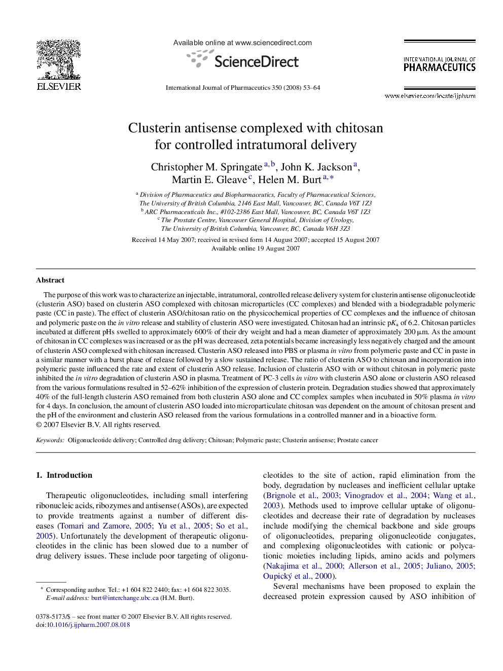 Clusterin antisense complexed with chitosan for controlled intratumoral delivery