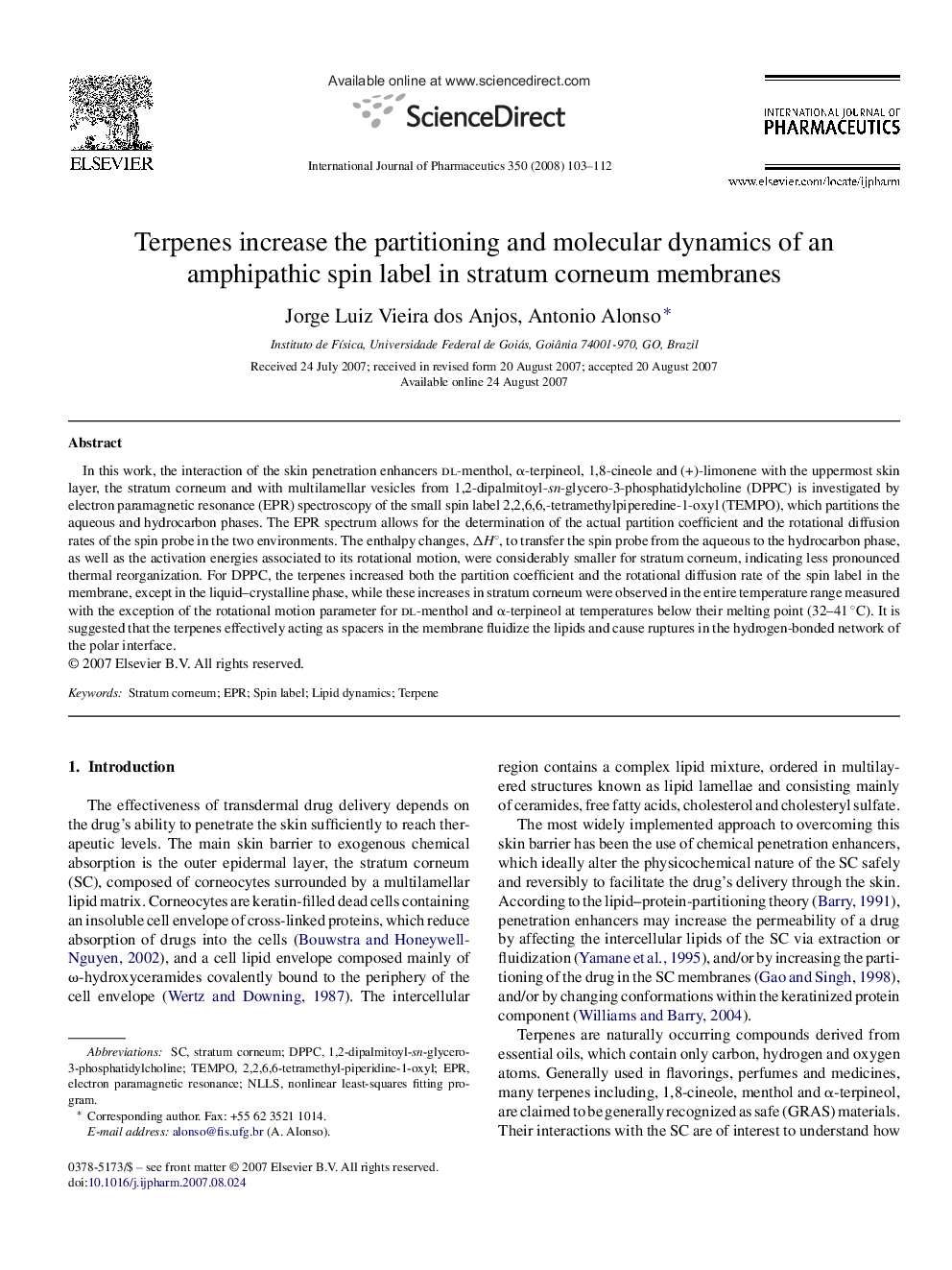 Terpenes increase the partitioning and molecular dynamics of an amphipathic spin label in stratum corneum membranes