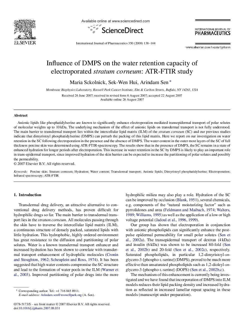 Influence of DMPS on the water retention capacity of electroporated stratum corneum: ATR-FTIR study