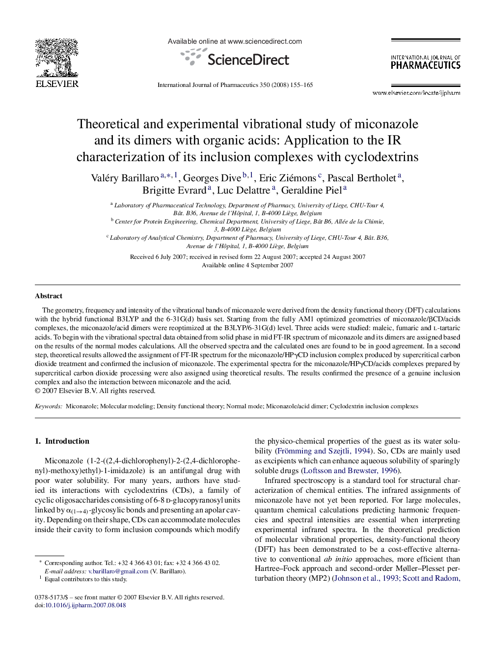 Theoretical and experimental vibrational study of miconazole and its dimers with organic acids: Application to the IR characterization of its inclusion complexes with cyclodextrins