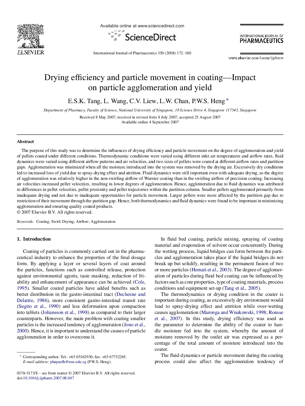 Drying efficiency and particle movement in coating—Impact on particle agglomeration and yield