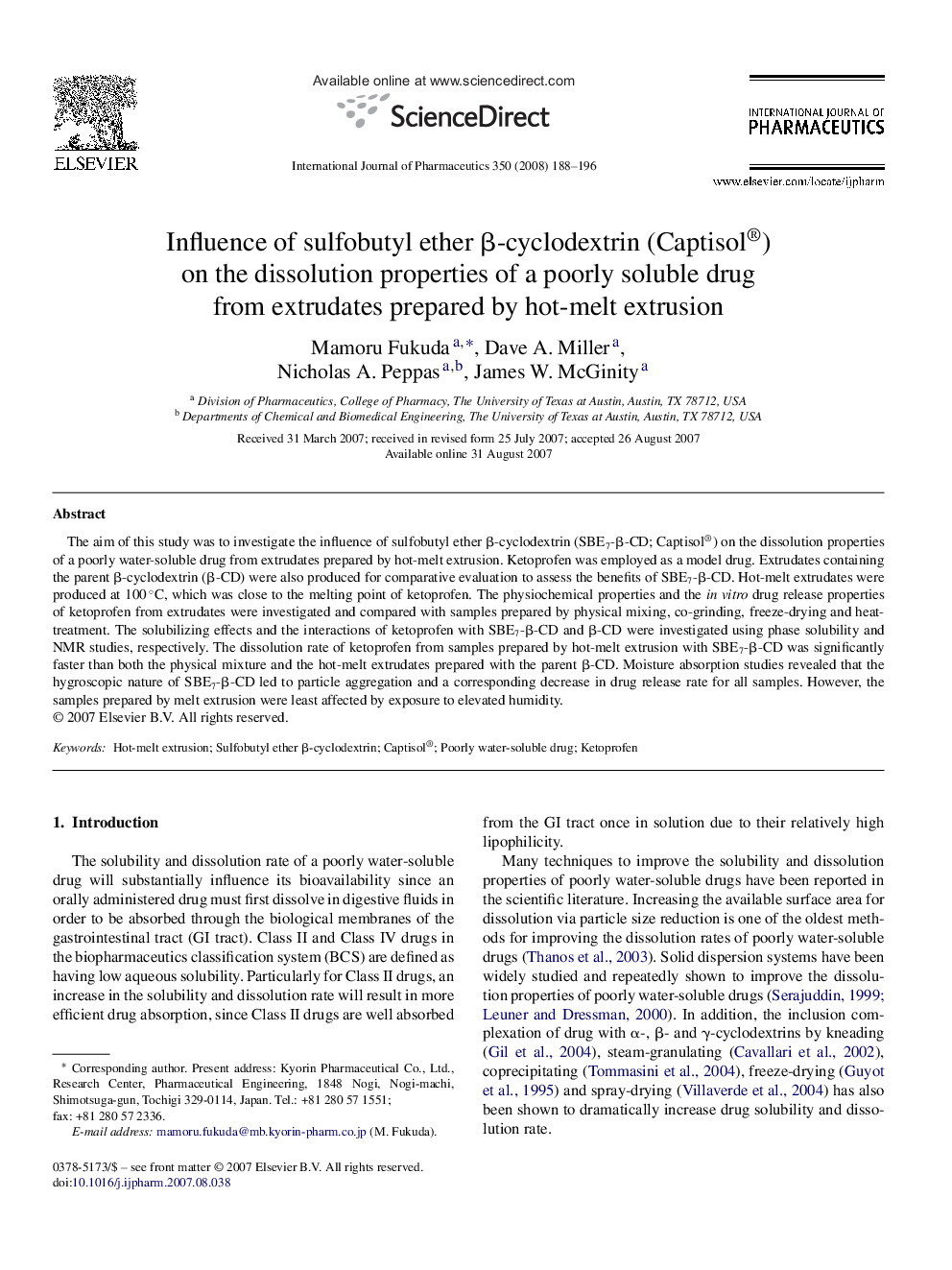 Influence of sulfobutyl ether β-cyclodextrin (Captisol®) on the dissolution properties of a poorly soluble drug from extrudates prepared by hot-melt extrusion