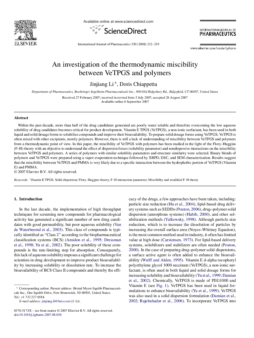 An investigation of the thermodynamic miscibility between VeTPGS and polymers