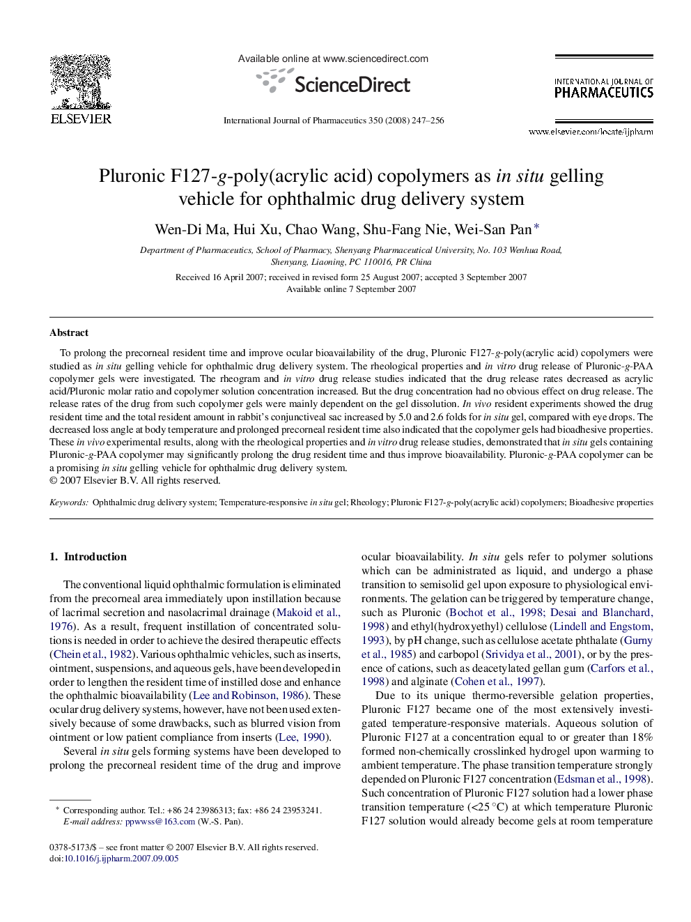Pluronic F127-g-poly(acrylic acid) copolymers as in situ gelling vehicle for ophthalmic drug delivery system