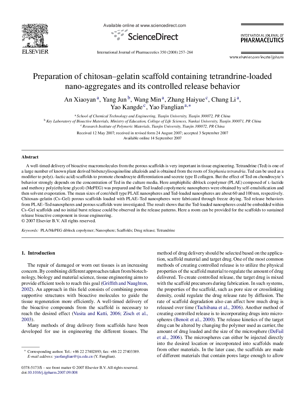 Preparation of chitosan–gelatin scaffold containing tetrandrine-loaded nano-aggregates and its controlled release behavior