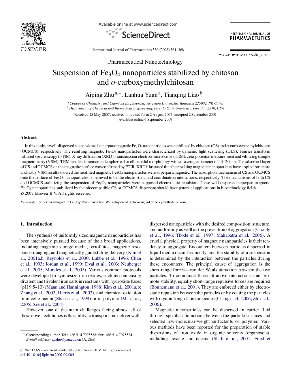 Suspension of Fe3O4 nanoparticles stabilized by chitosan and o-carboxymethylchitosan