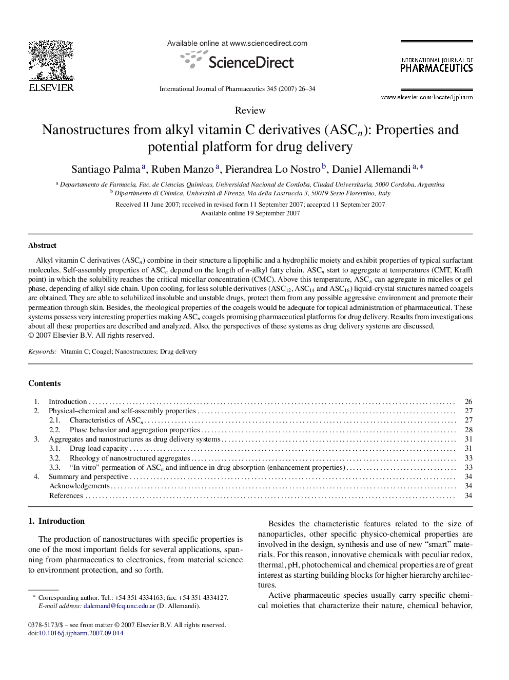 Nanostructures from alkyl vitamin C derivatives (ASCn): Properties and potential platform for drug delivery