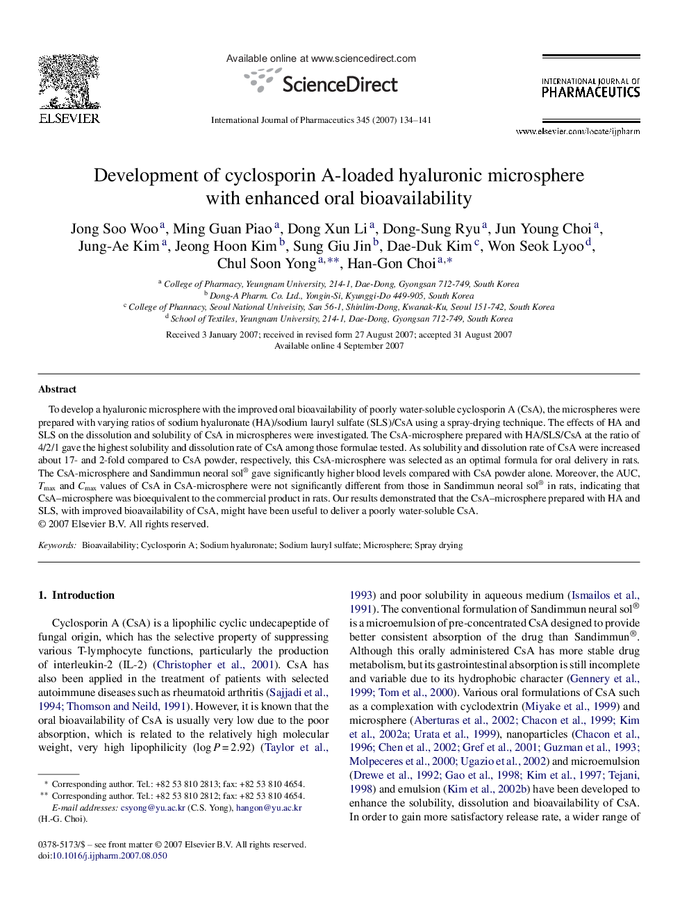 Development of cyclosporin A-loaded hyaluronic microsphere with enhanced oral bioavailability