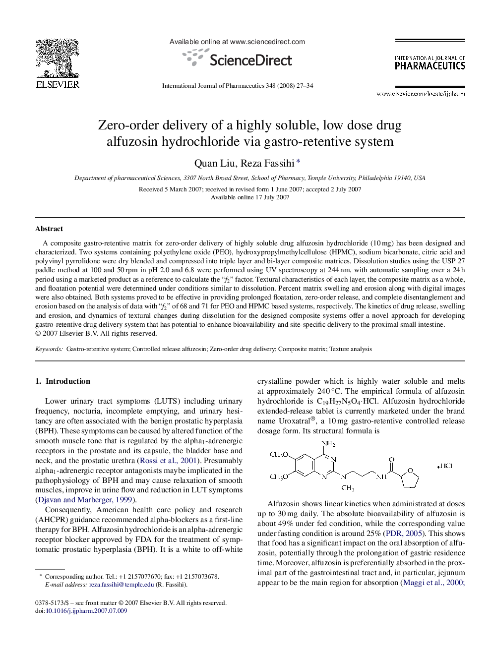 Zero-order delivery of a highly soluble, low dose drug alfuzosin hydrochloride via gastro-retentive system