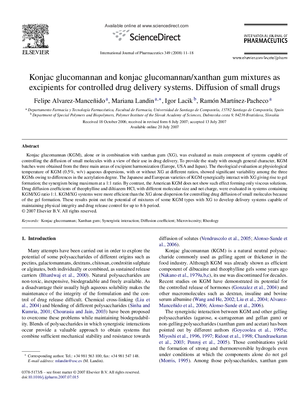 Konjac glucomannan and konjac glucomannan/xanthan gum mixtures as excipients for controlled drug delivery systems. Diffusion of small drugs