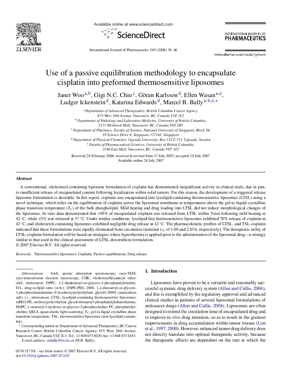 Use of a passive equilibration methodology to encapsulate cisplatin into preformed thermosensitive liposomes