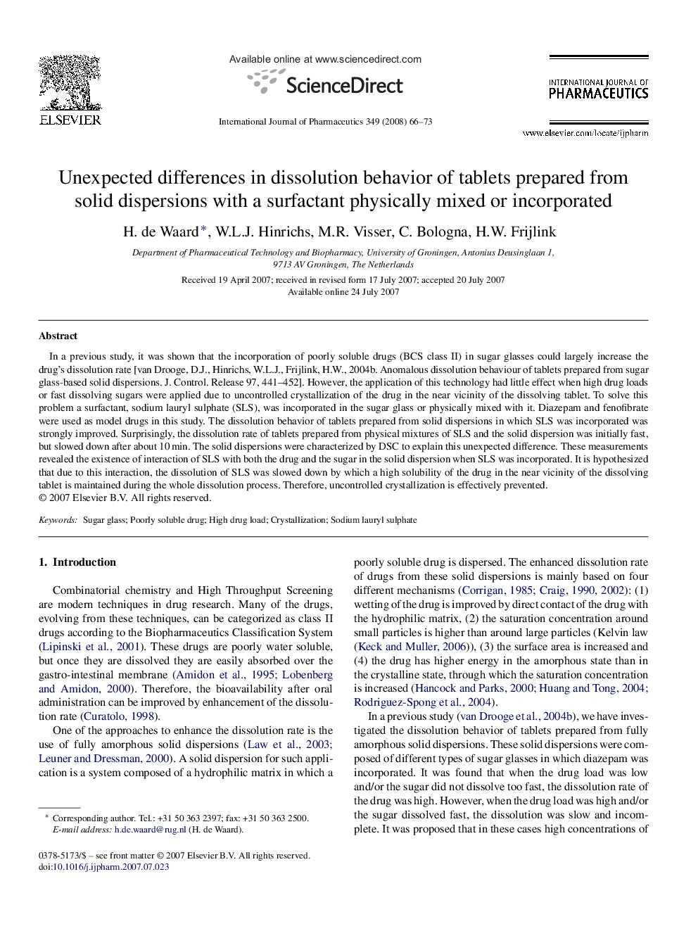 Unexpected differences in dissolution behavior of tablets prepared from solid dispersions with a surfactant physically mixed or incorporated