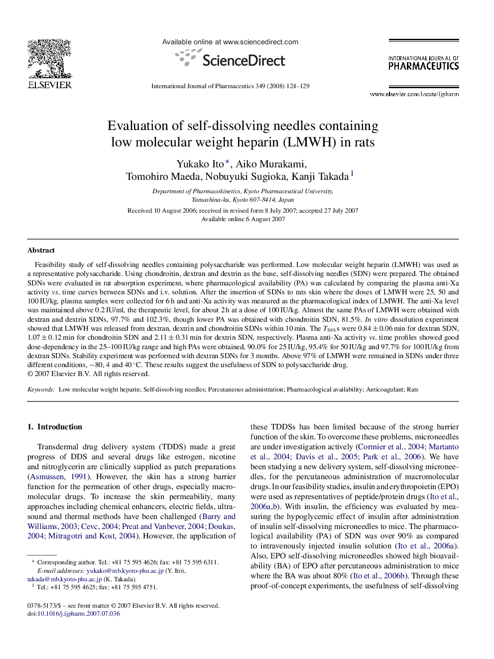 Evaluation of self-dissolving needles containing low molecular weight heparin (LMWH) in rats