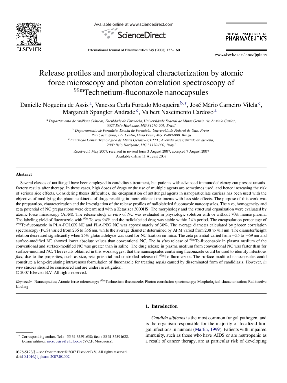 Release profiles and morphological characterization by atomic force microscopy and photon correlation spectroscopy of 99mTechnetium-fluconazole nanocapsules