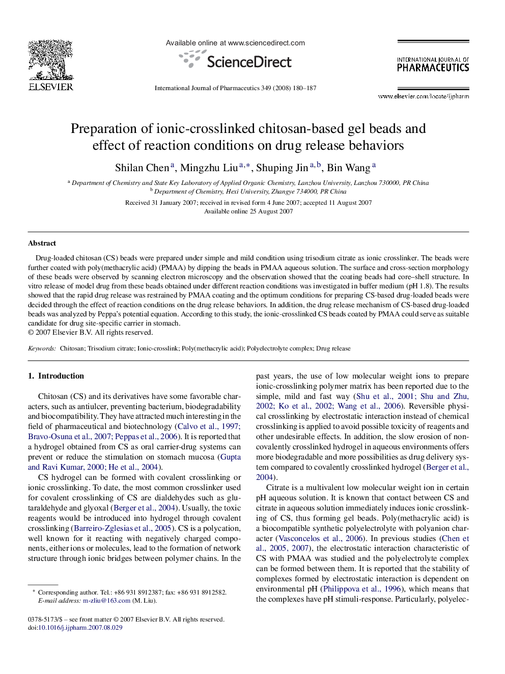 Preparation of ionic-crosslinked chitosan-based gel beads and effect of reaction conditions on drug release behaviors