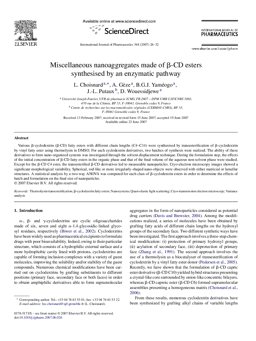 Miscellaneous nanoaggregates made of β-CD esters synthesised by an enzymatic pathway