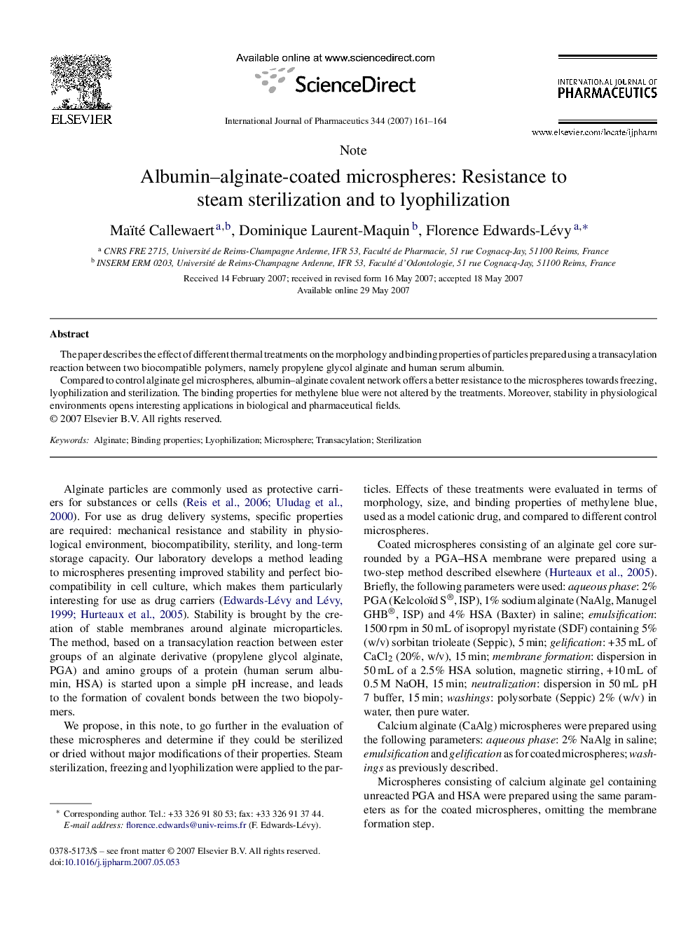 Albumin–alginate-coated microspheres: Resistance to steam sterilization and to lyophilization