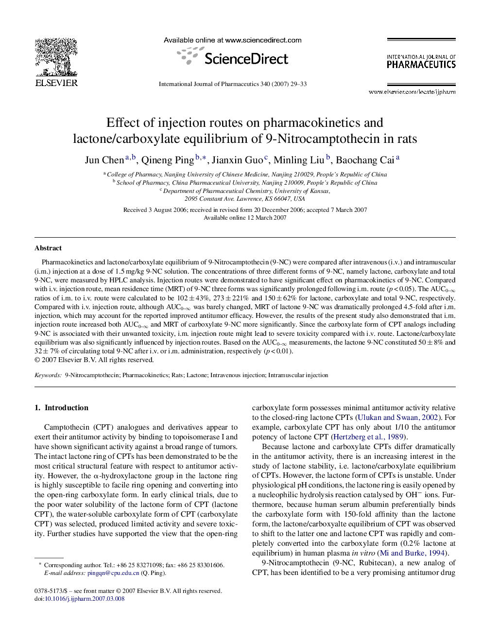 Effect of injection routes on pharmacokinetics and lactone/carboxylate equilibrium of 9-Nitrocamptothecin in rats