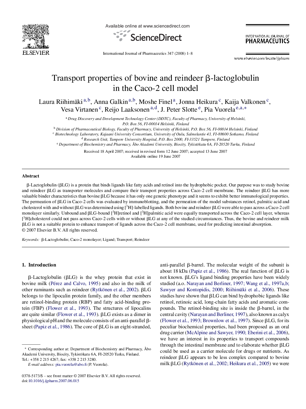 Transport properties of bovine and reindeer β-lactoglobulin in the Caco-2 cell model