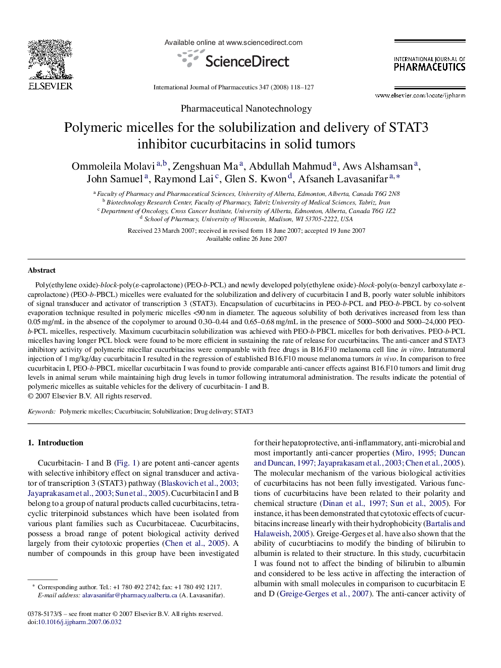 Polymeric micelles for the solubilization and delivery of STAT3 inhibitor cucurbitacins in solid tumors