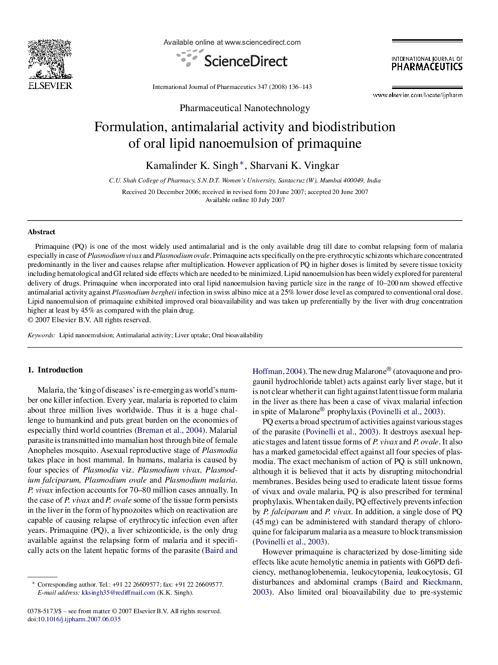 Formulation, antimalarial activity and biodistribution of oral lipid nanoemulsion of primaquine
