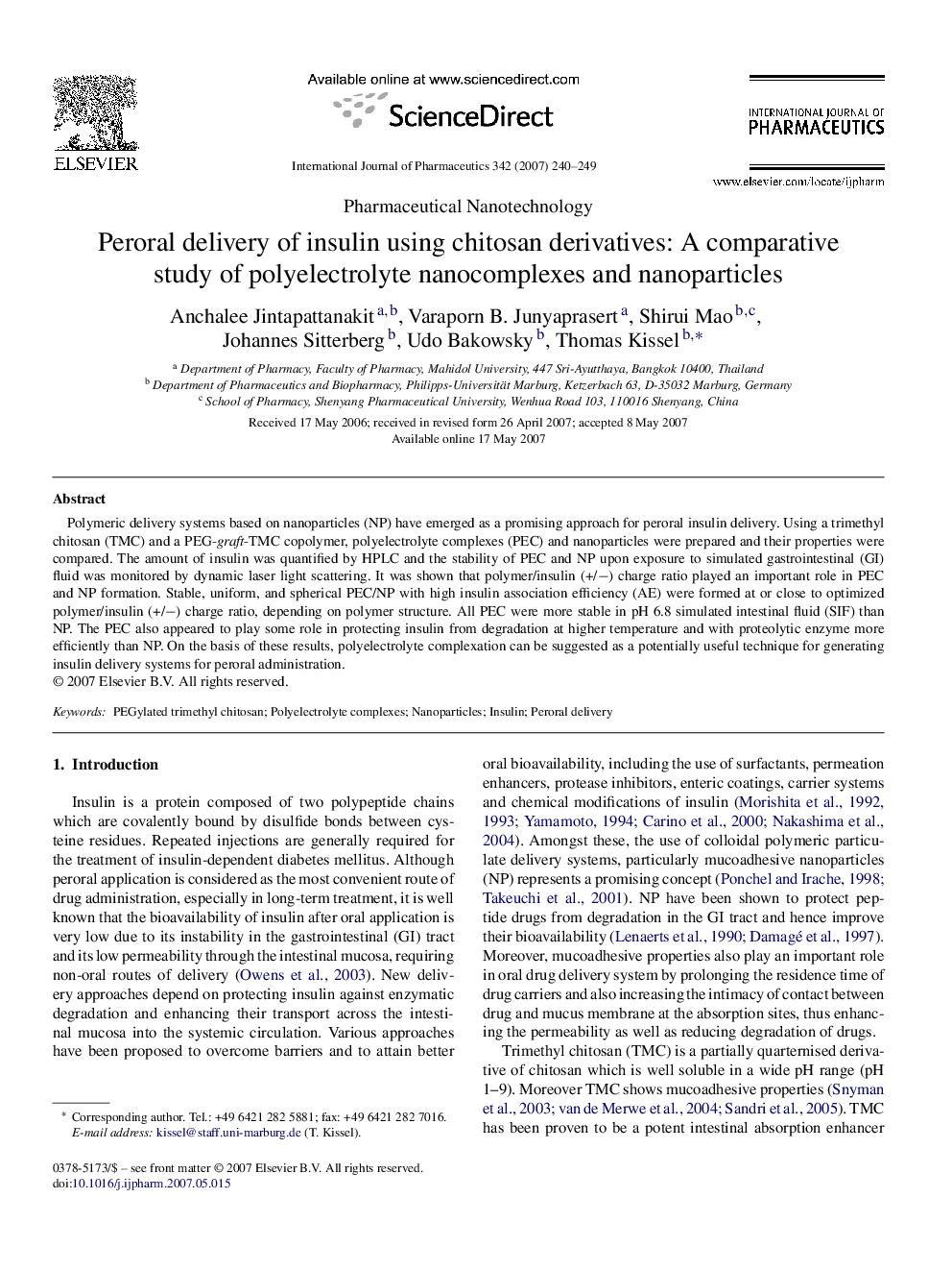 Peroral delivery of insulin using chitosan derivatives: A comparative study of polyelectrolyte nanocomplexes and nanoparticles