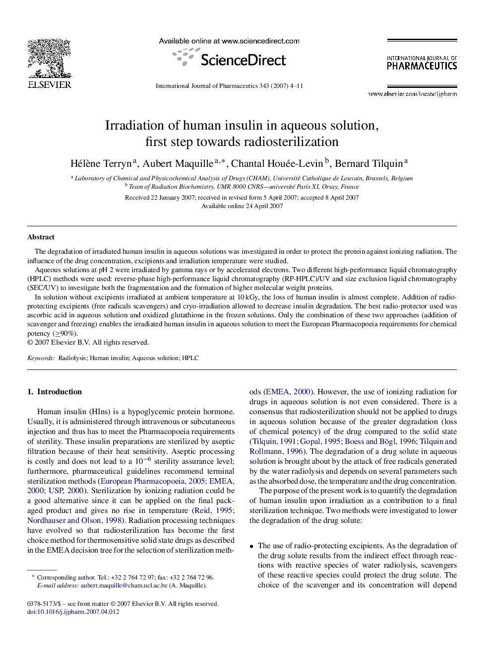 Irradiation of human insulin in aqueous solution, first step towards radiosterilization