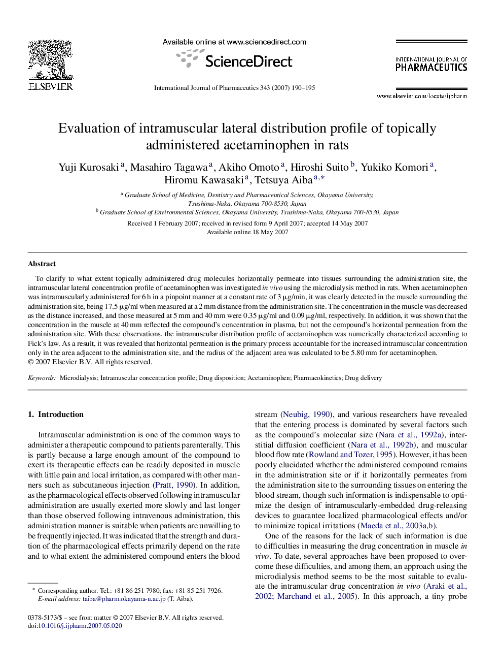 Evaluation of intramuscular lateral distribution profile of topically administered acetaminophen in rats