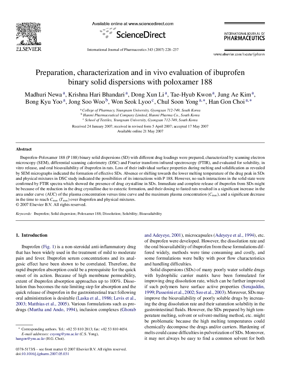 Preparation, characterization and in vivo evaluation of ibuprofen binary solid dispersions with poloxamer 188