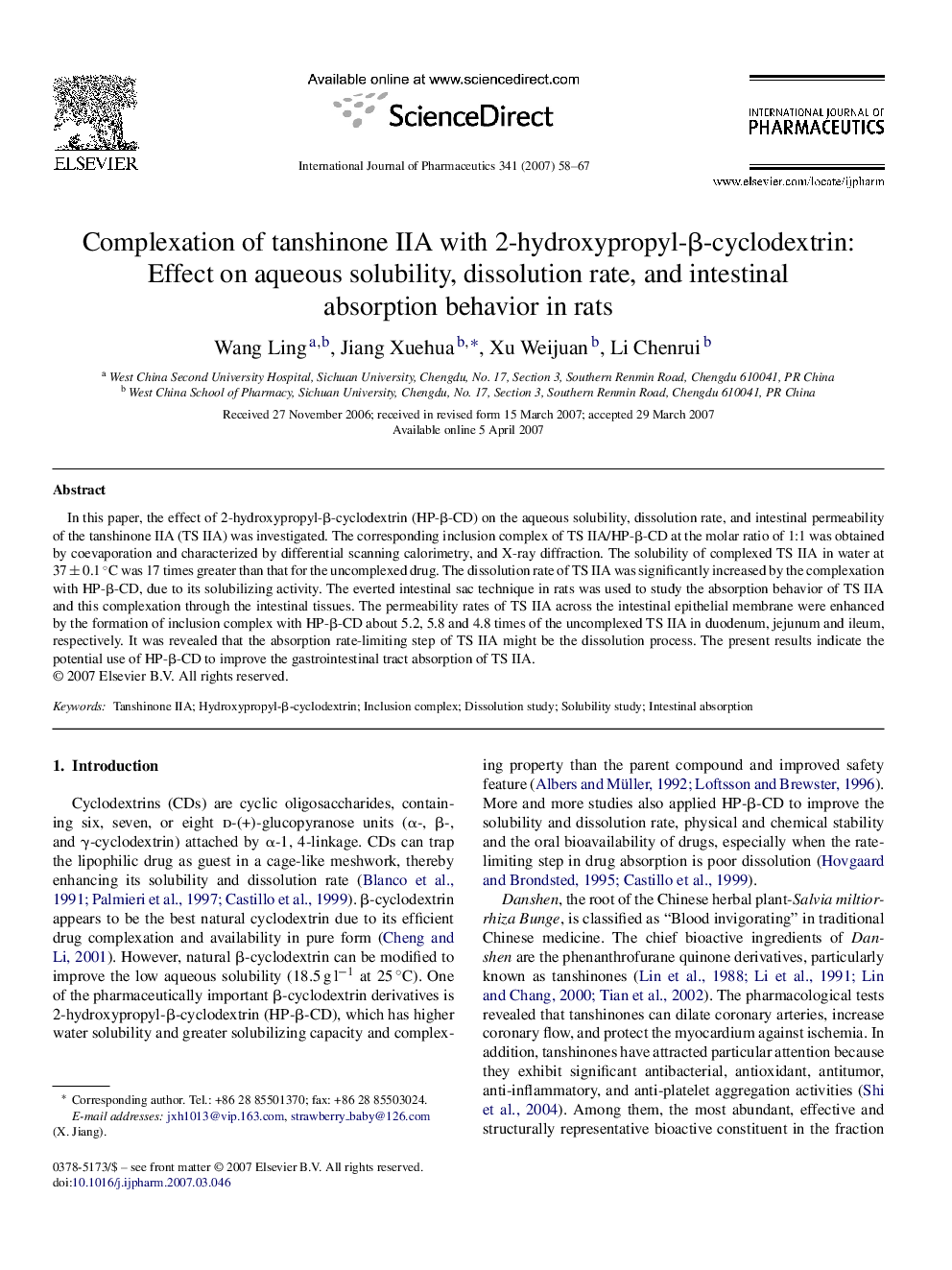 Complexation of tanshinone IIA with 2-hydroxypropyl-β-cyclodextrin: Effect on aqueous solubility, dissolution rate, and intestinal absorption behavior in rats