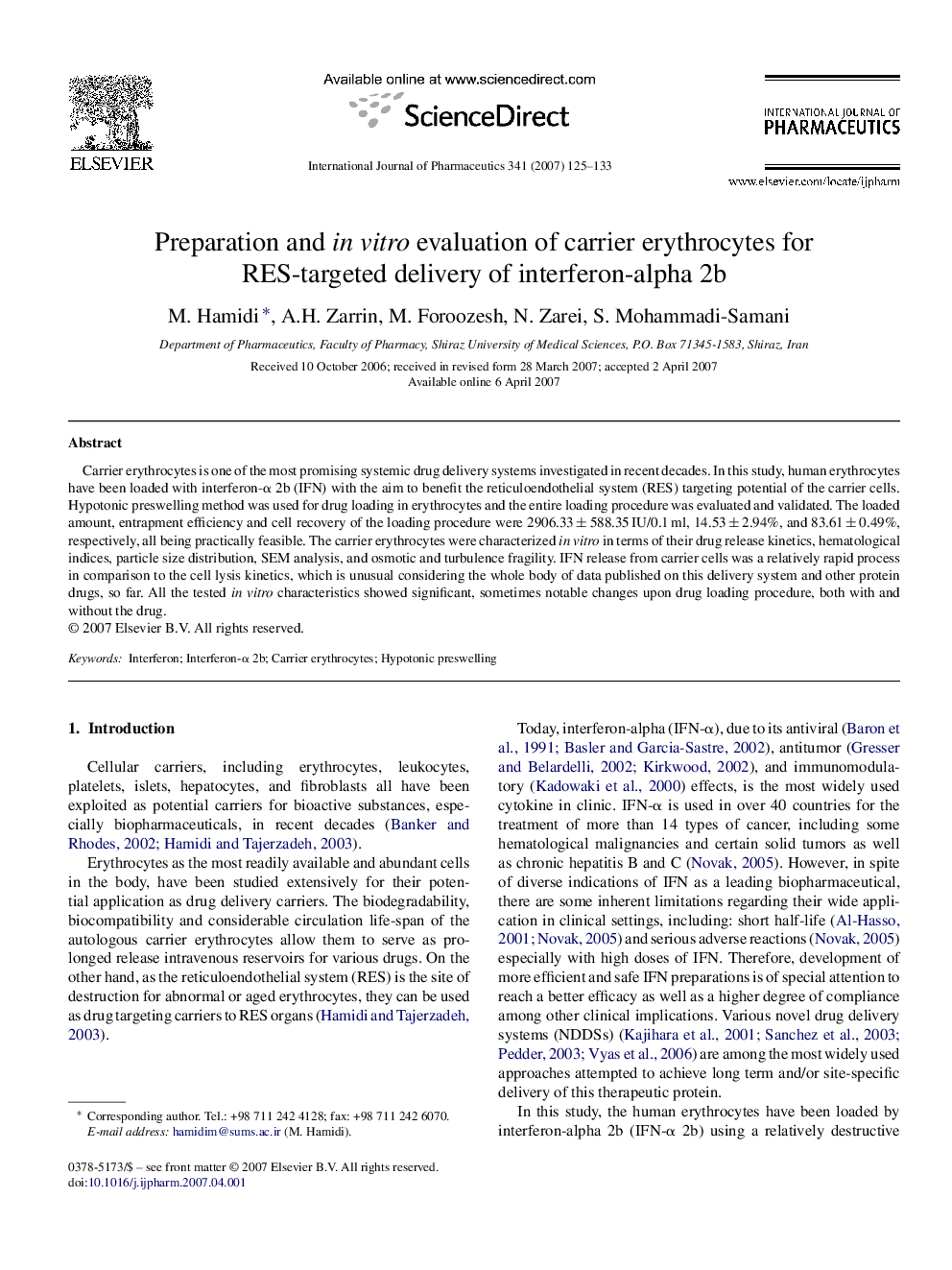 Preparation and in vitro evaluation of carrier erythrocytes for RES-targeted delivery of interferon-alpha 2b