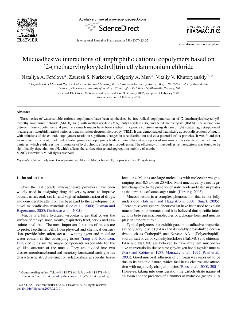 Mucoadhesive interactions of amphiphilic cationic copolymers based on [2-(methacryloyloxy)ethyl]trimethylammonium chloride